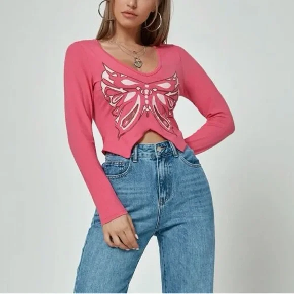 Butterfly Print Asymmetrical Cropped Long Sleeve Top - Picture 3 of 6